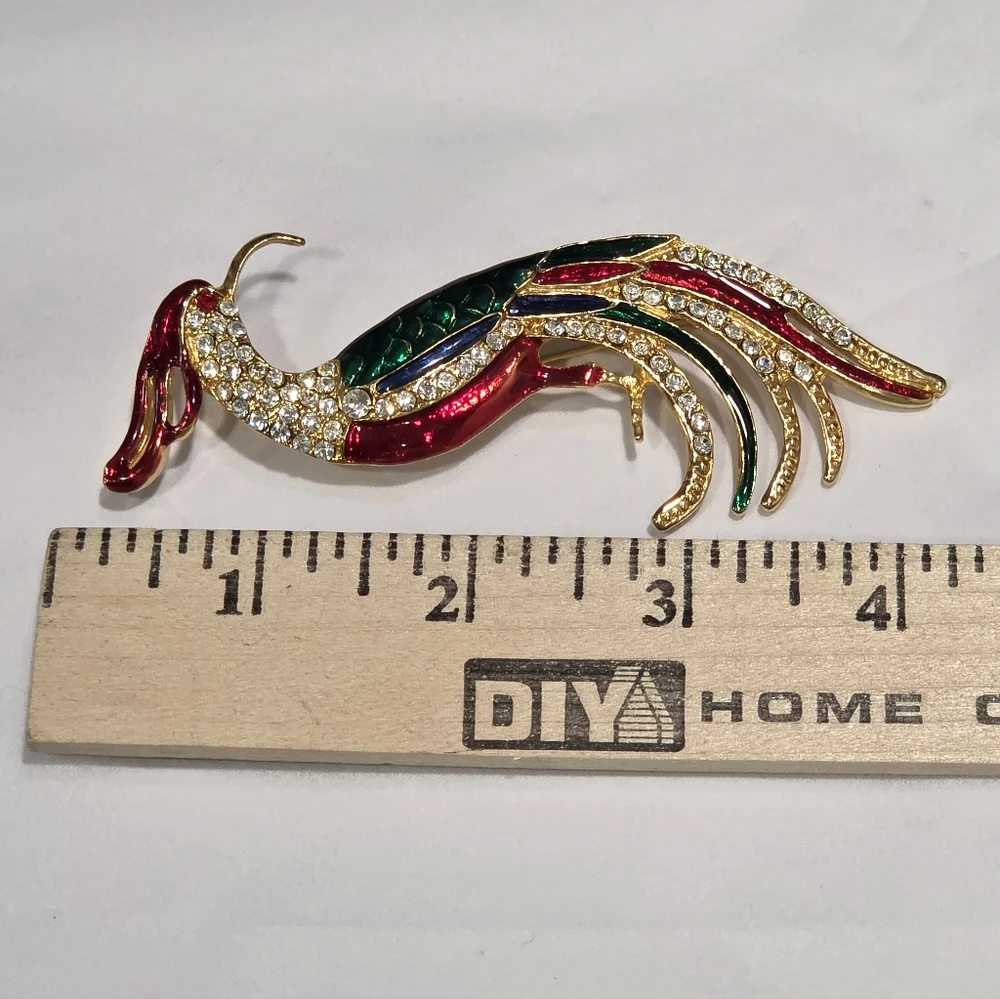 Vintage Multicolored Enamel Rhinestone Goldtone Bird Brooch